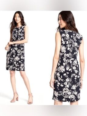 Ann Taylor Navy Floral Sheath Dress Size 0 Sleeveless Work Office Knee Length